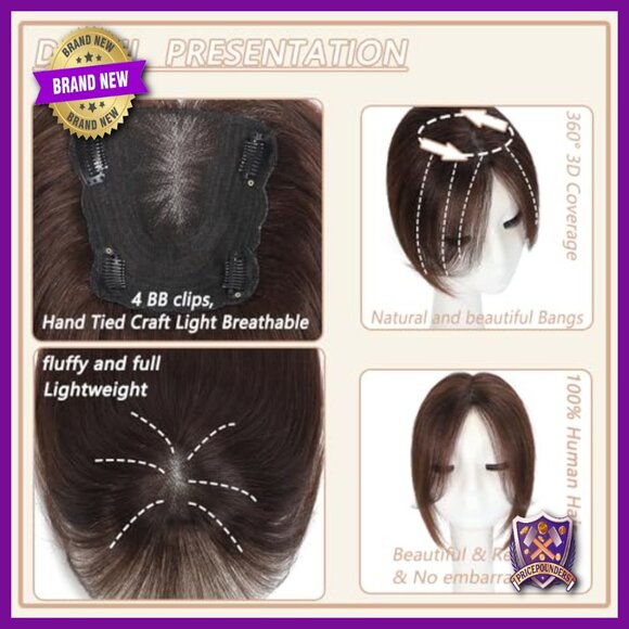 Real Human Hair Topper with Bangs for Thinning Hair, 12 Inch Clip-In main image 2